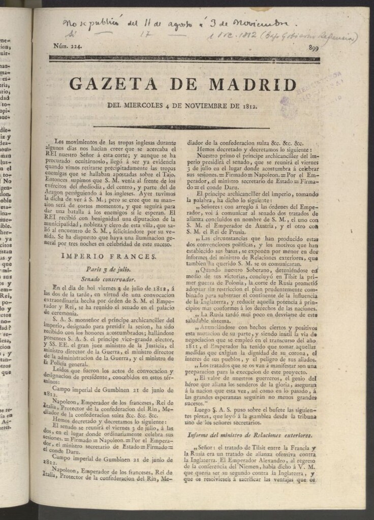 Miniatura de Gaceta de Madrid del 4 de noviembre de 1812
