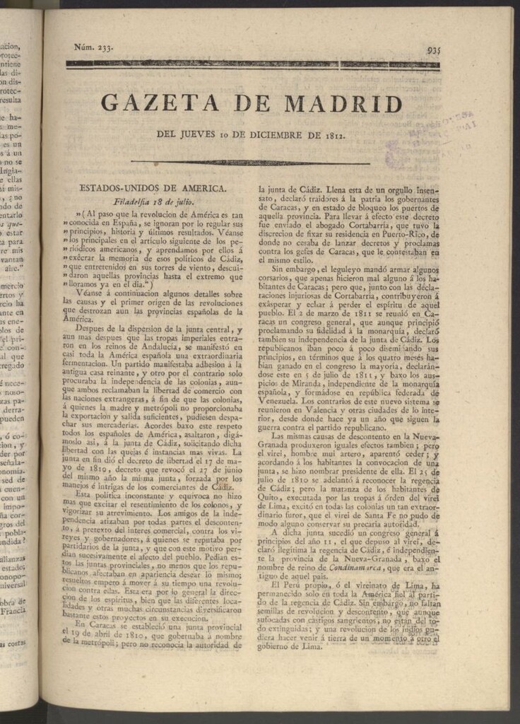 Miniatura de Gaceta de Madrid del 10 de diciembre de 1812