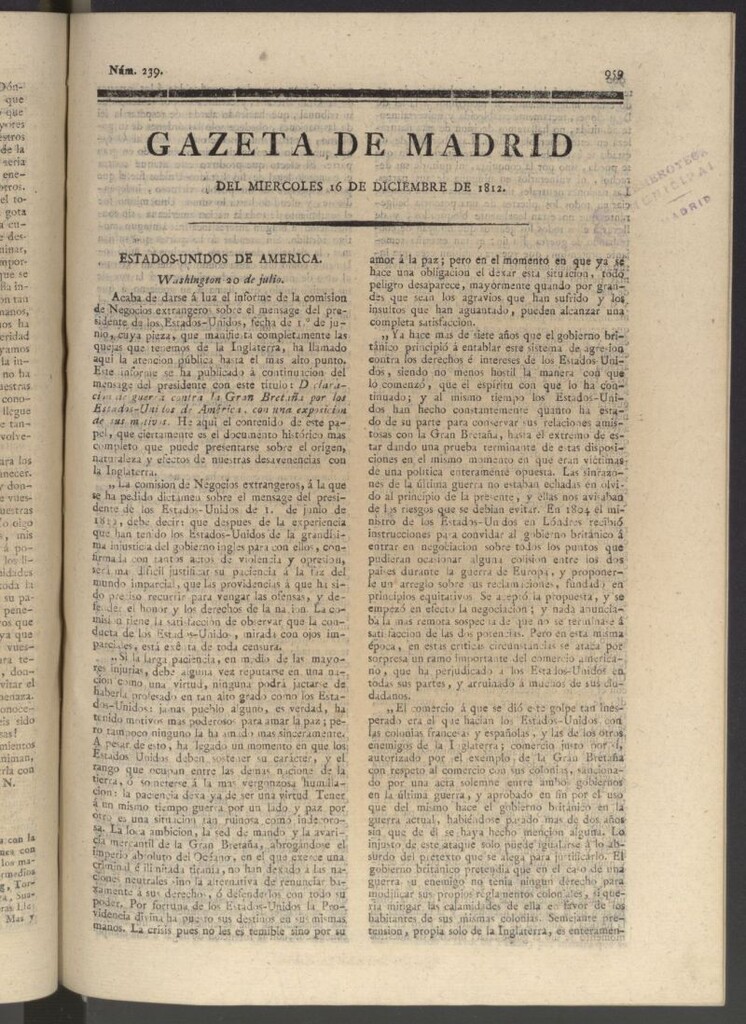 Miniatura de Gaceta de Madrid del 16 de diciembre de 1812