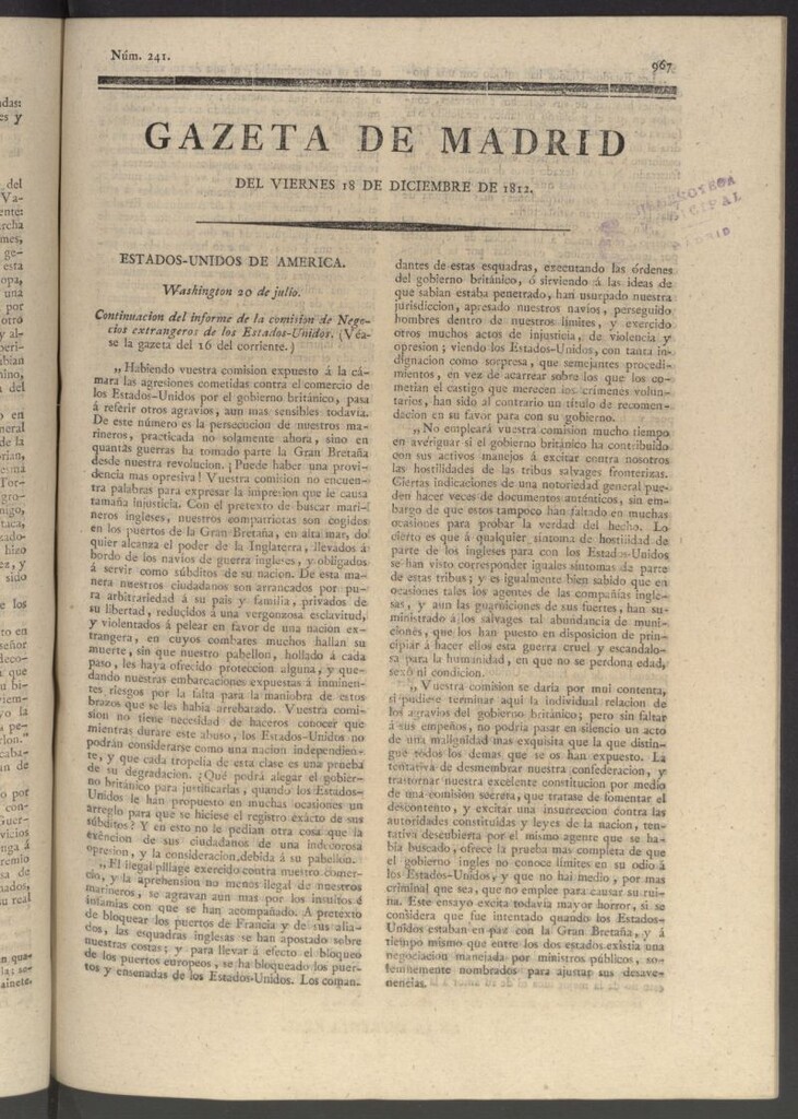 Miniatura de Gaceta de Madrid del 18 de diciembre de 1812