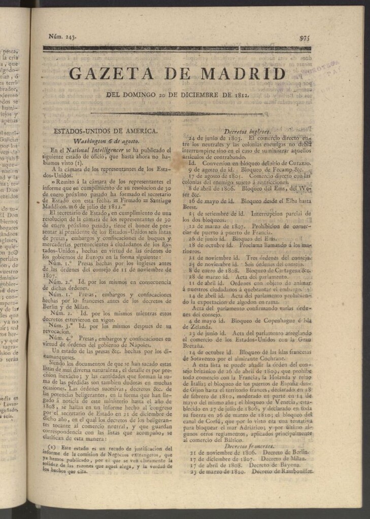 Miniatura de Gaceta de Madrid del 20 de diciembre de 1812
