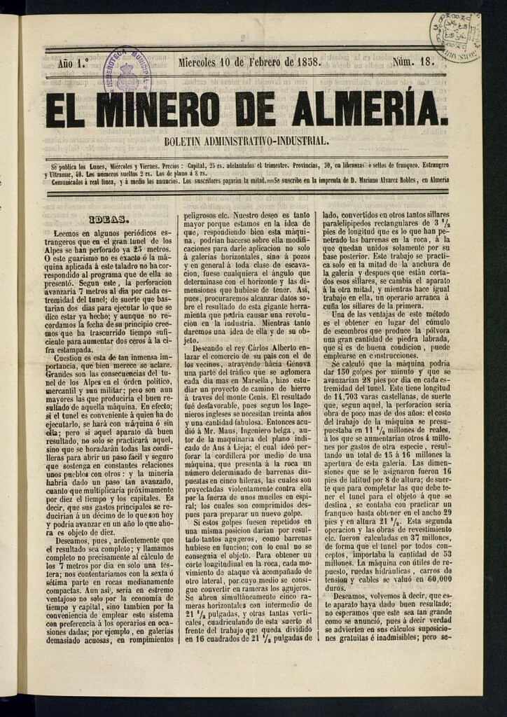 Miniatura de El Minero de Almería : boletín administrativo-industrial del 10 de febrero de 1858
