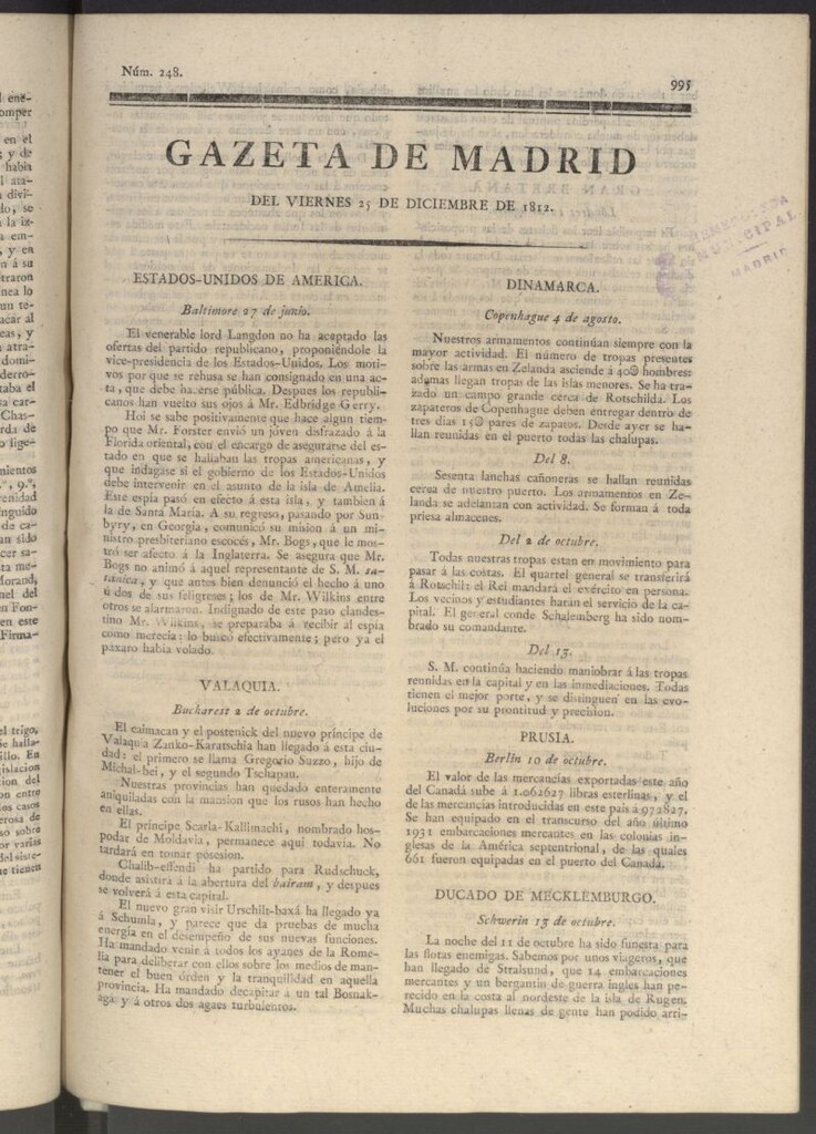 Miniatura de Gaceta de Madrid del 25 de diciembre de 1812
