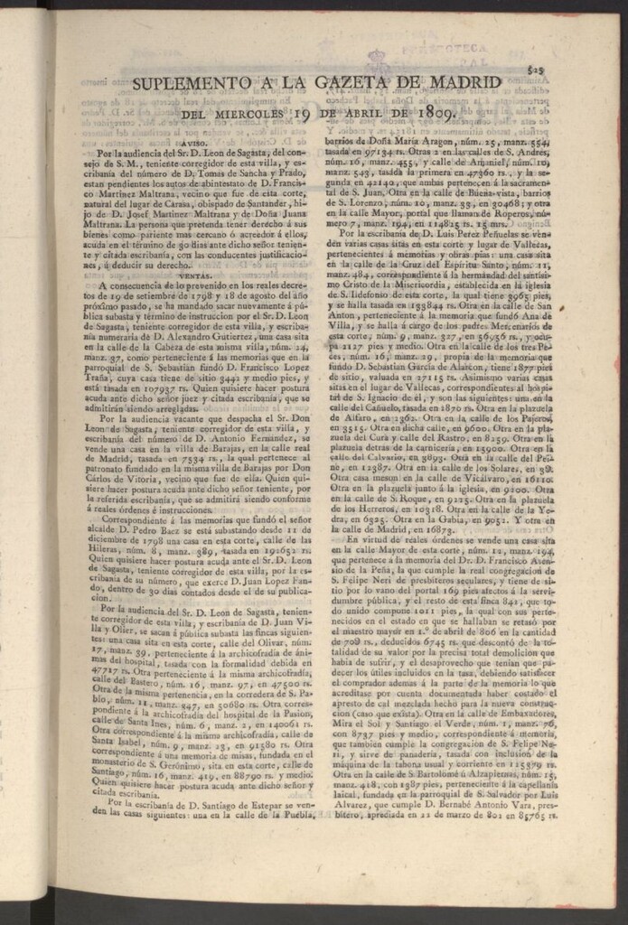 Miniatura de Gazeta de Madrid del 19 de abril de 1809. Suplemento