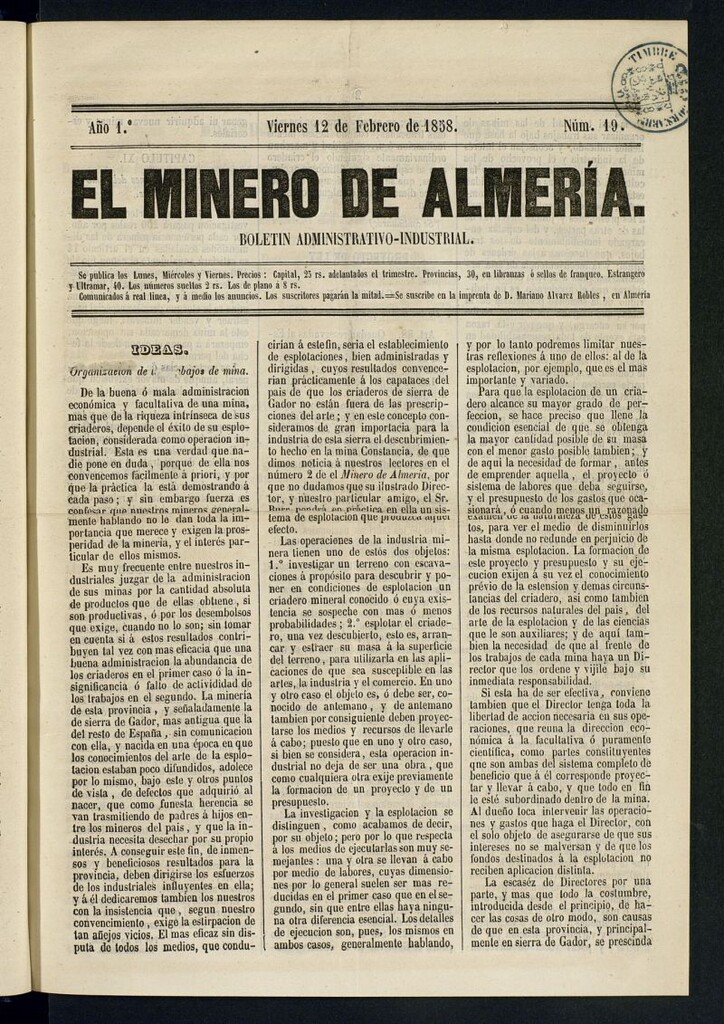 Miniatura de El Minero de Almería : boletín administrativo-industrial del 12 de febrero de 1858