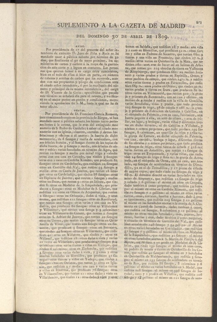 Miniatura de Gazeta de Madrid del 30 de abril de 1809. Suplemento
