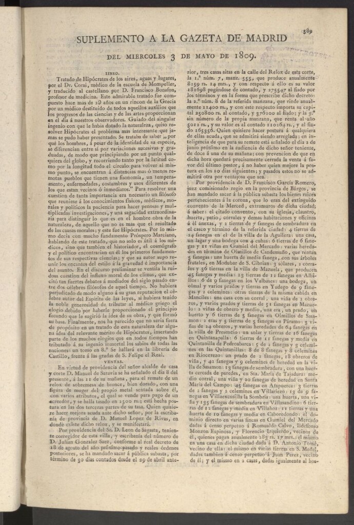 Miniatura de Gazeta de Madrid del 3 de mayo de 1809. Suplemento