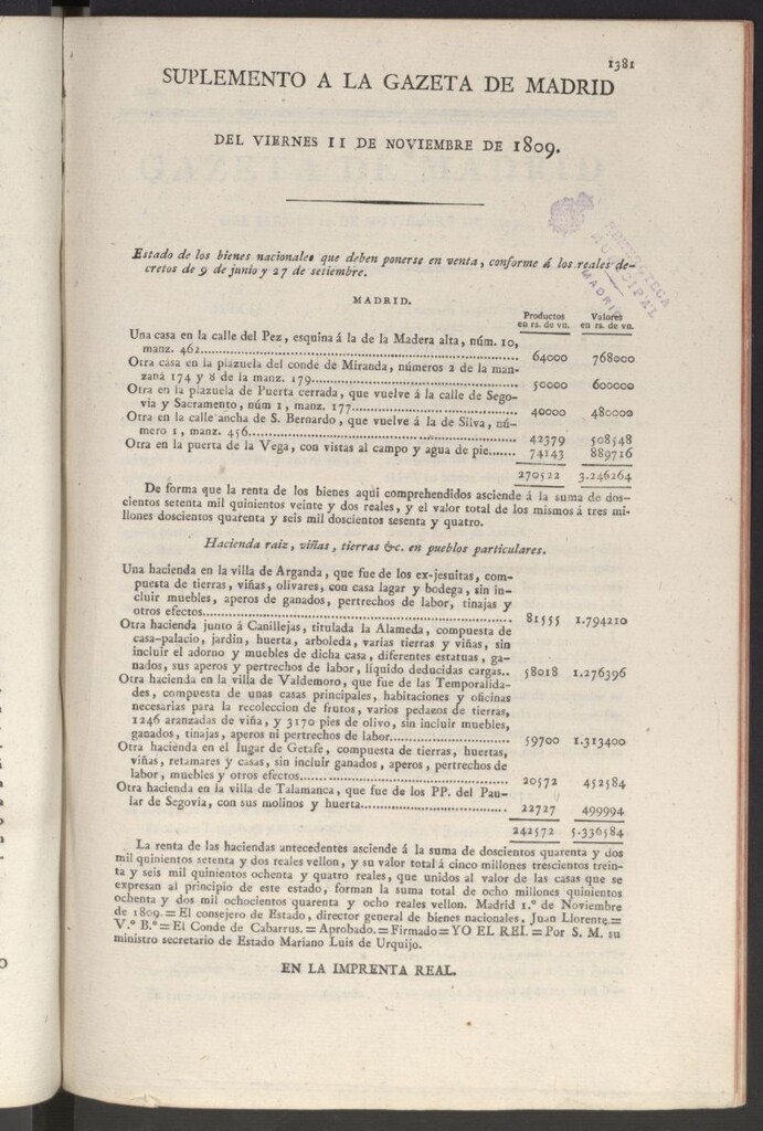 Miniatura de Gazeta de Madrid del 11 [sic] de noviembre de 1809, Suplemento