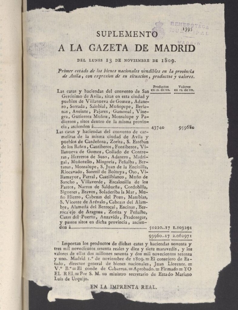 Miniatura de Gazeta de Madrid del 13 de noviembre de 1809. Suplemento