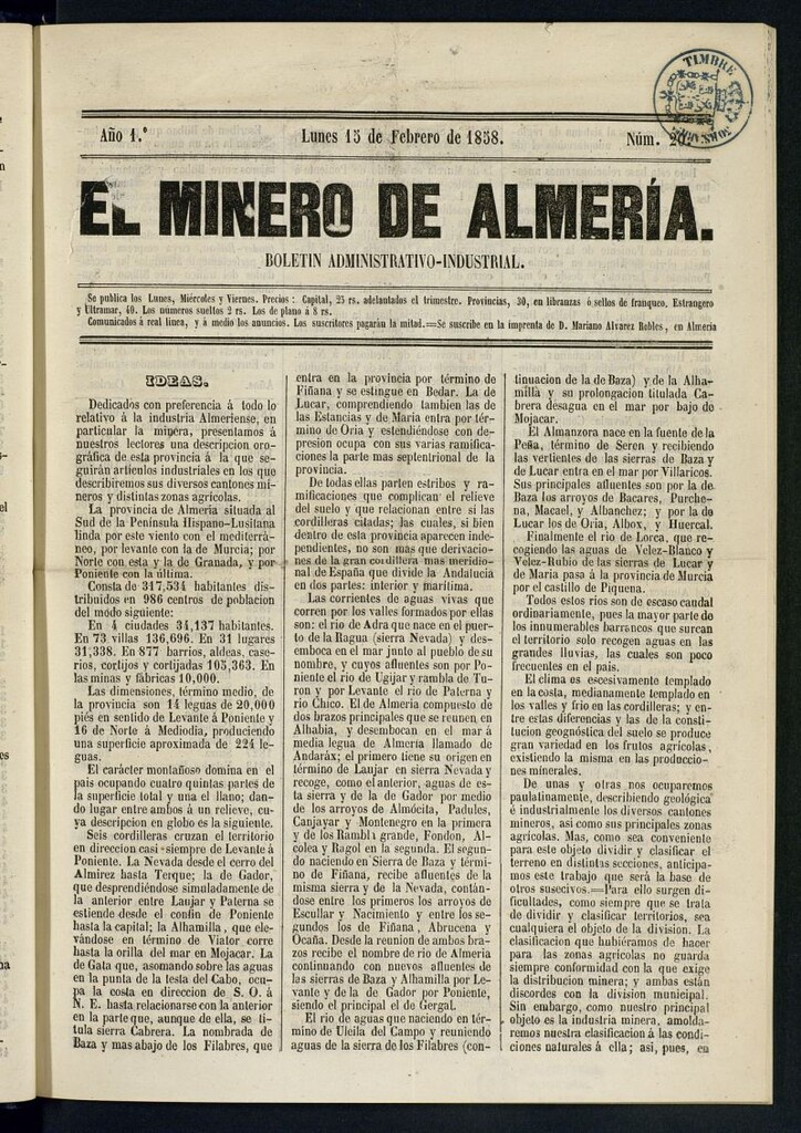 Miniatura de El Minero de Almería : boletín administrativo-industrial del 15 de febrero de 1858
