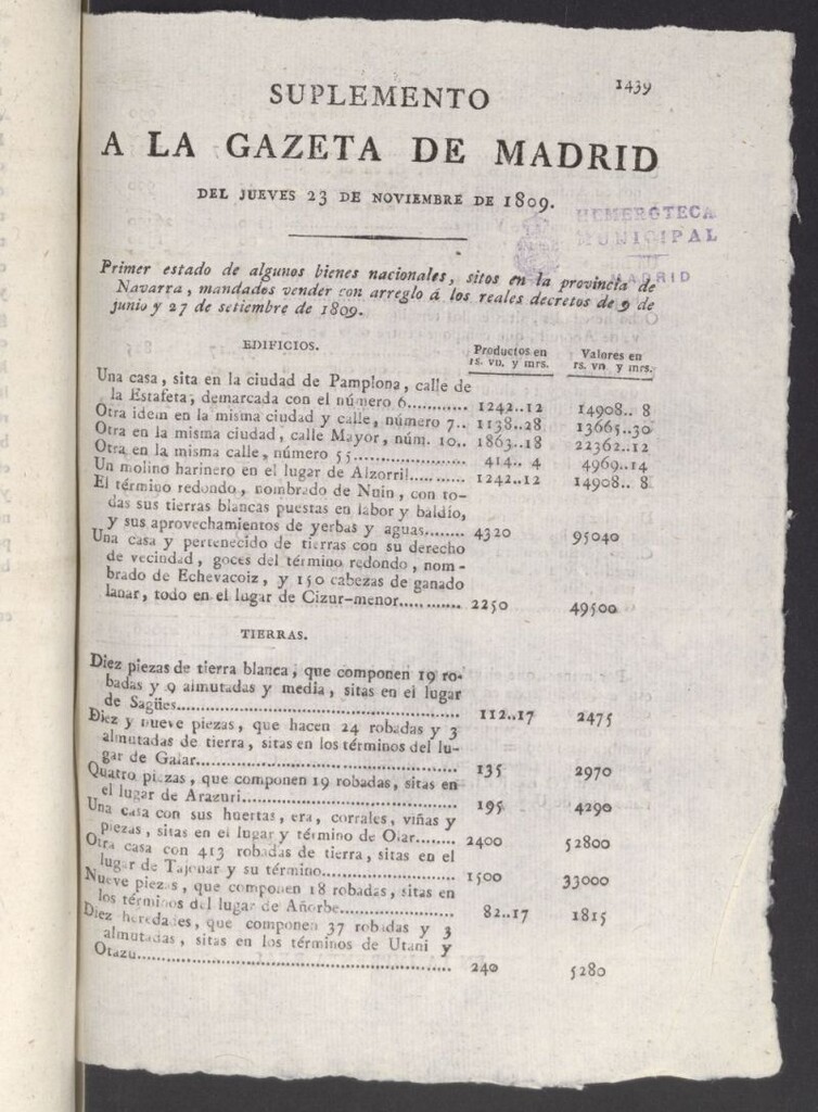 Miniatura de Gazeta de Madrid del 23 de noviembre de 1809. Suplemento