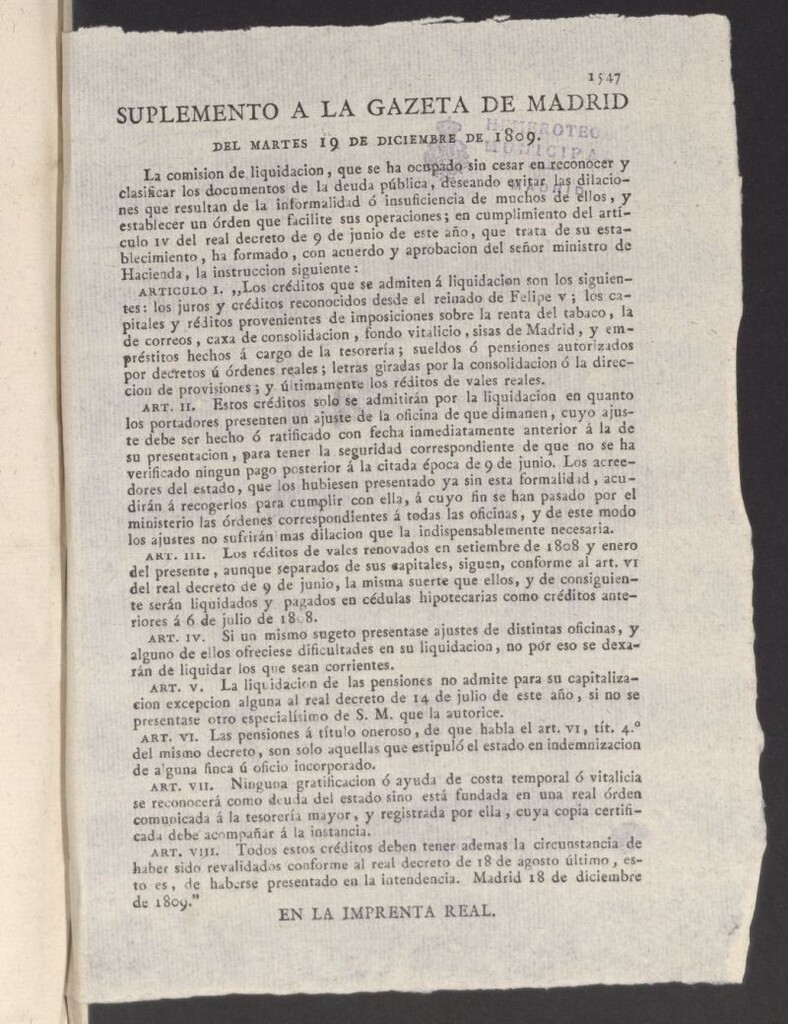 Miniatura de Gazeta de Madrid del 19 de diciembre de 1809. Suplemento