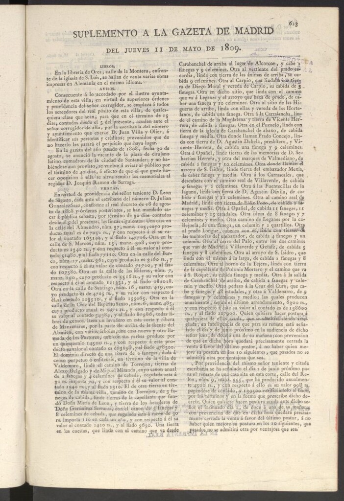 Miniatura de Gazeta de Madrid del 11 de mayo de 1809. Suplemento
