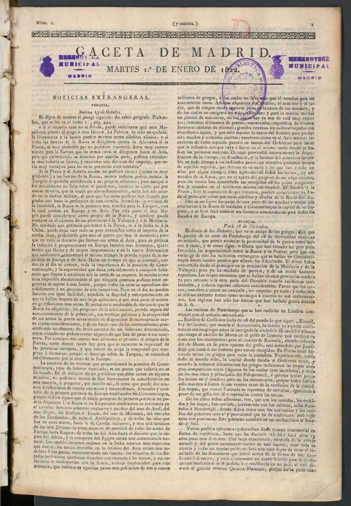 Miniatura de Gaceta de Madrid del 1 de enero de 1822