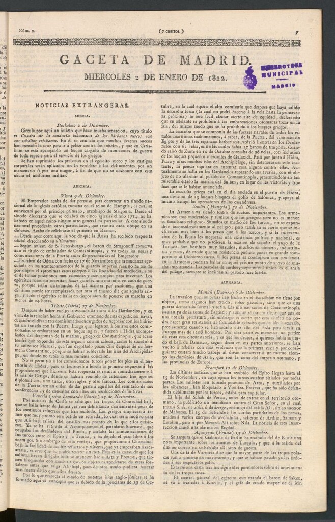 Miniatura de Gaceta de Madrid del 2 de enero de 1822
