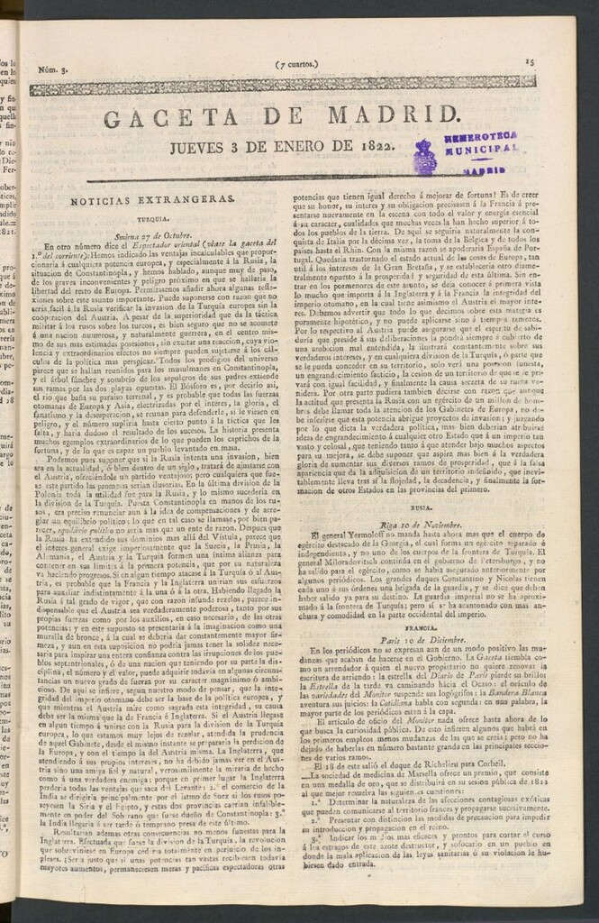 Miniatura de Gaceta de Madrid del 3 de enero de 1822