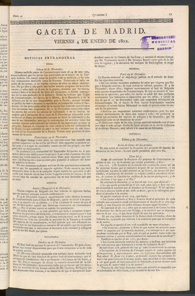 Miniatura de Gaceta de Madrid del 4 de enero de 1822