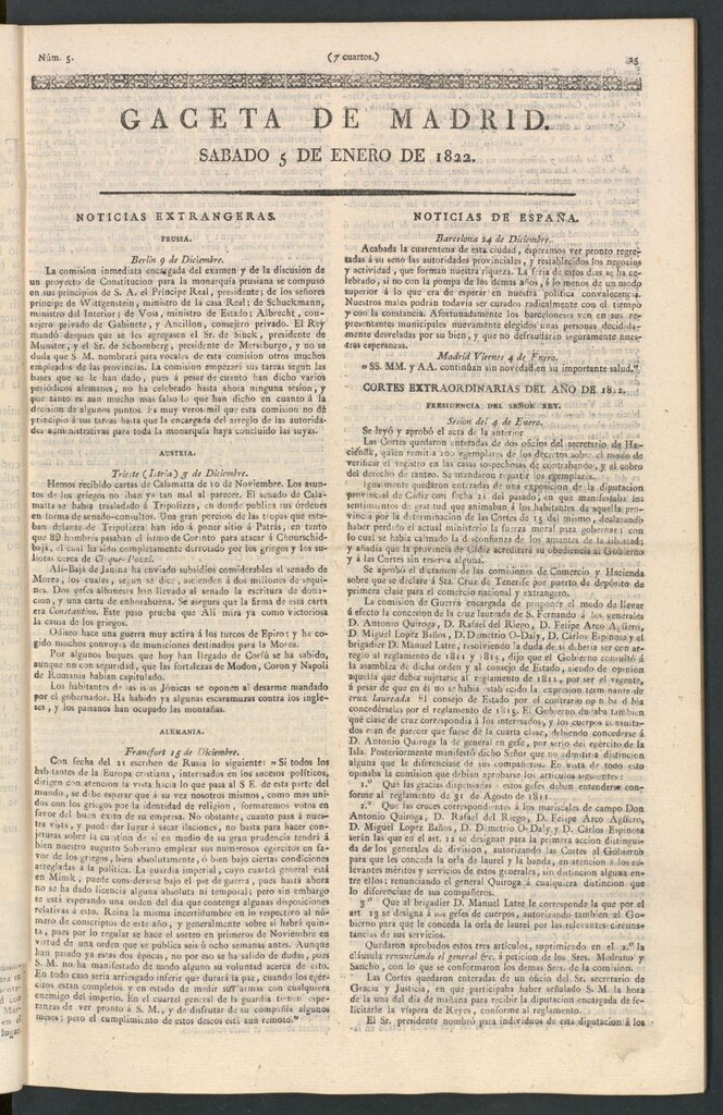 Miniatura de Gaceta de Madrid del 5 de enero de 1822