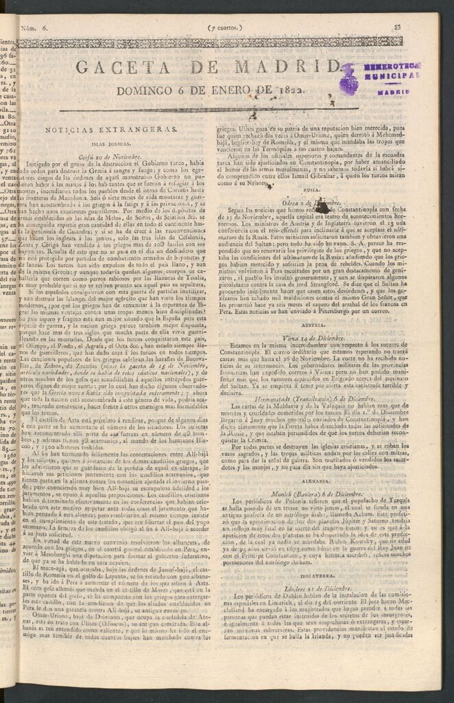 Miniatura de Gaceta de Madrid del 6 de enero de 1822