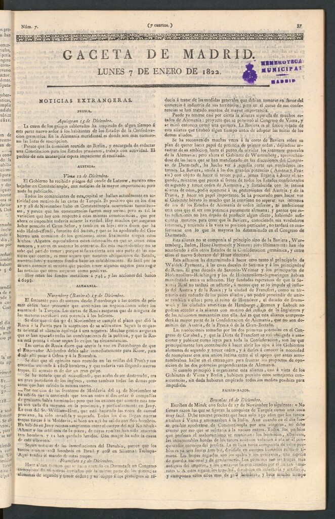 Miniatura de Gaceta de Madrid del 7 de enero de 1822