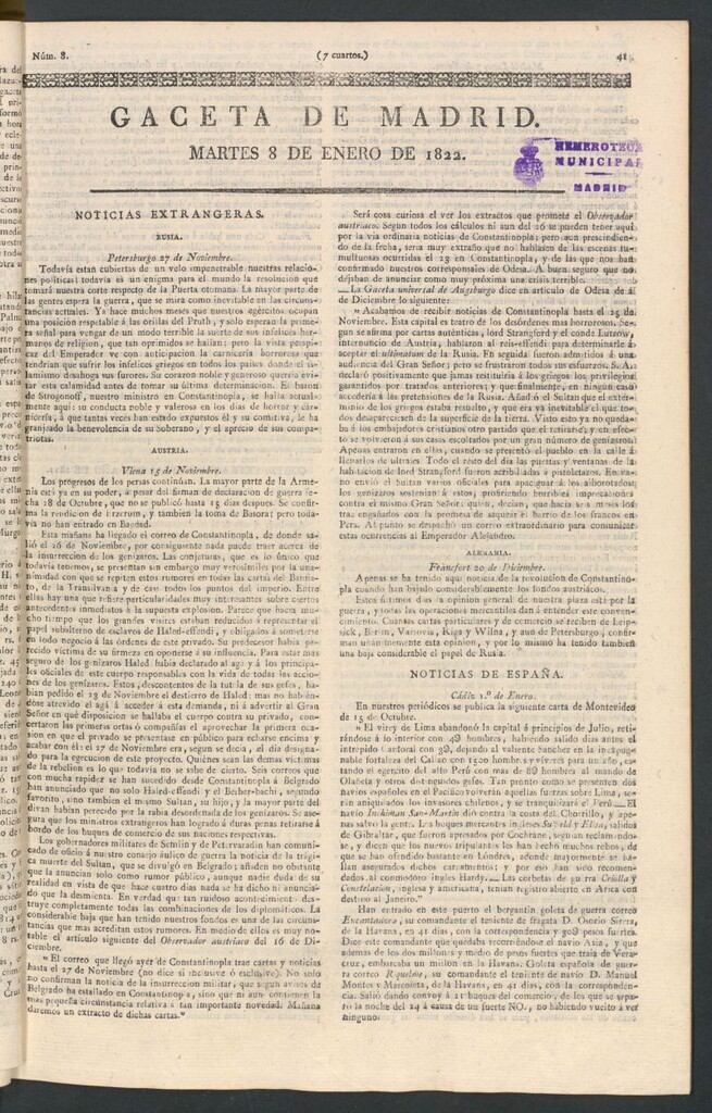 Miniatura de Gaceta de Madrid del 8 de enero de 1822