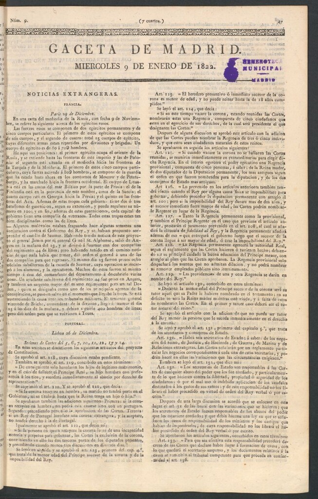 Miniatura de Gaceta de Madrid del 9 de enero de 1822