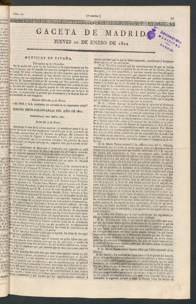 Miniatura de Gaceta de Madrid del 10 de enero de 1822