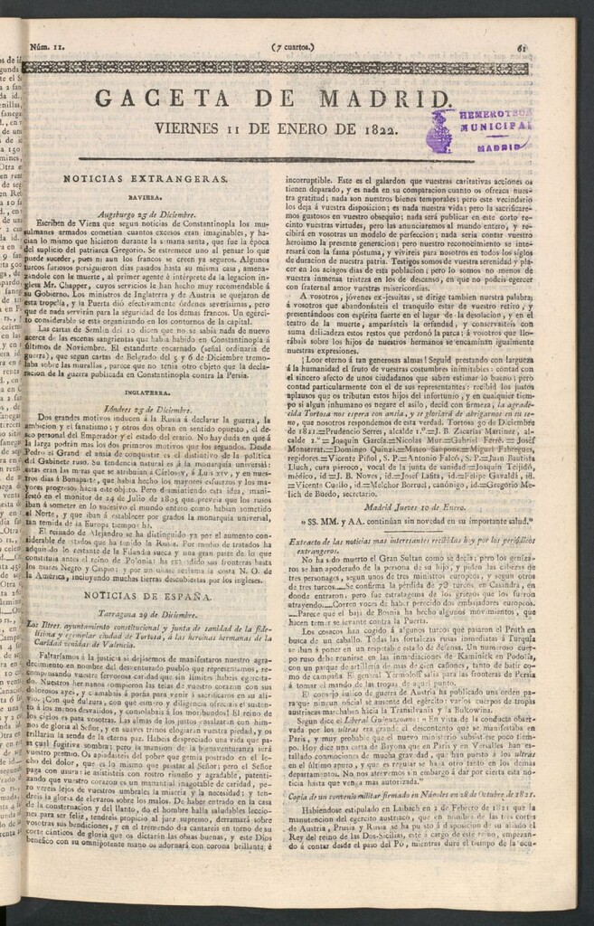 Miniatura de Gaceta de Madrid del 11 de enero de 1822