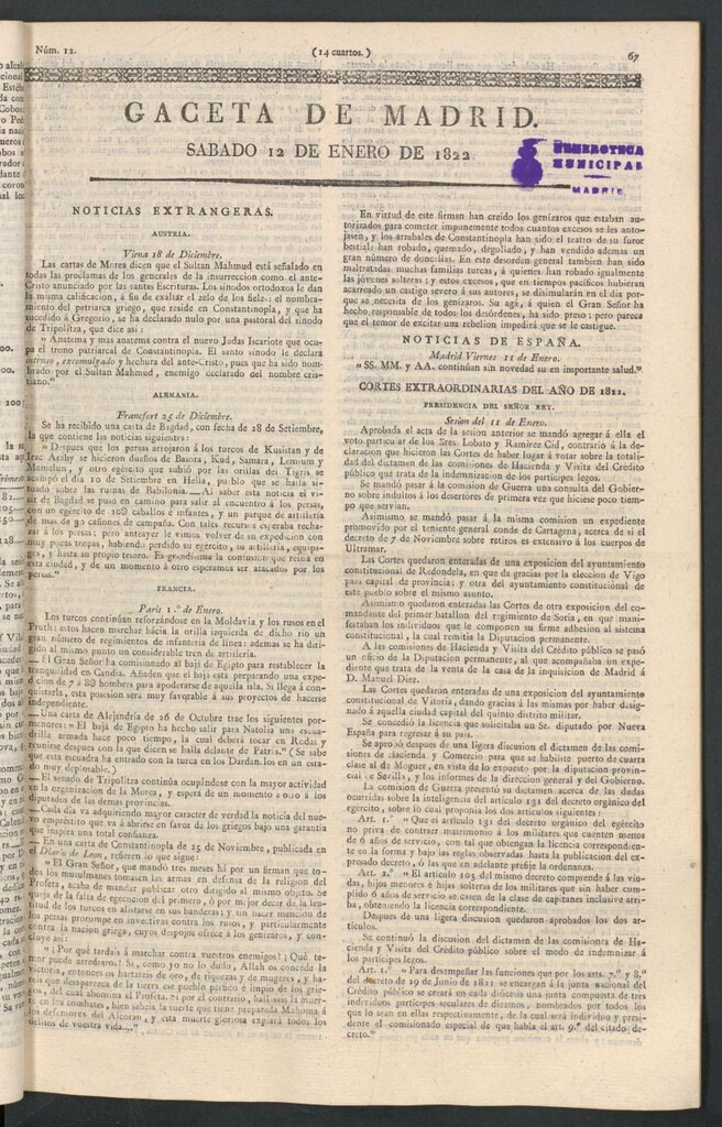 Miniatura de Gaceta de Madrid del 12 de enero de 1822