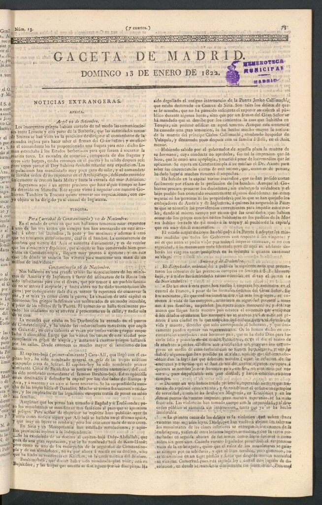 Miniatura de Gaceta de Madrid del 13 de enero de 1822