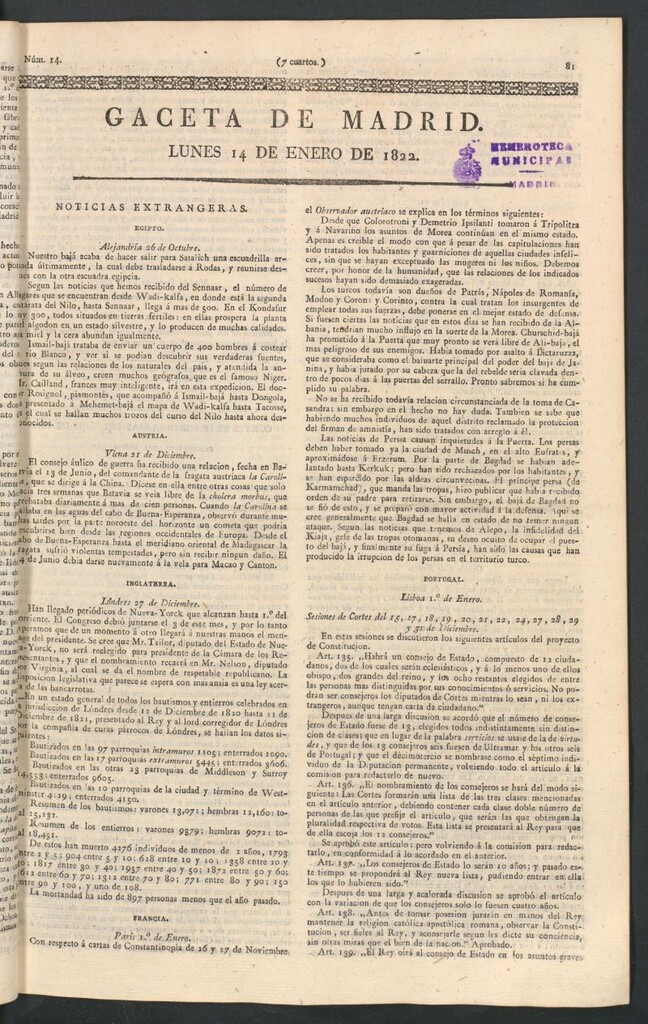 Miniatura de Gaceta de Madrid del 14 de enero de 1822