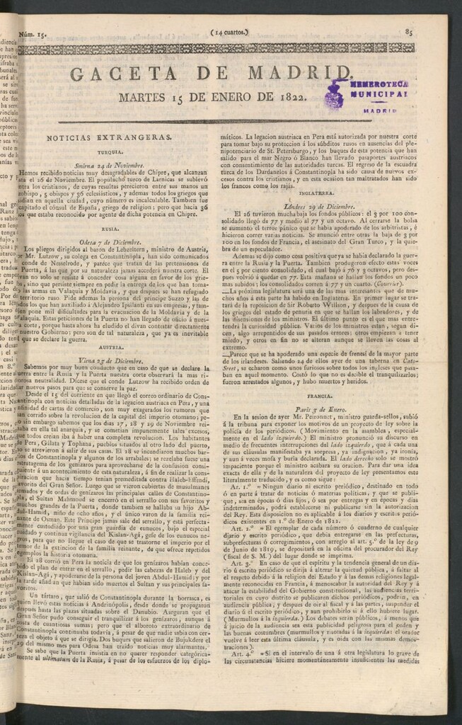 Miniatura de Gaceta de Madrid del 15 de enero de 1822