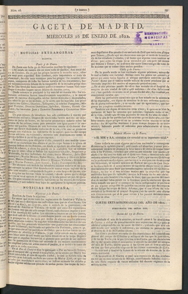 Miniatura de Gaceta de Madrid del 16 de enero de 1822