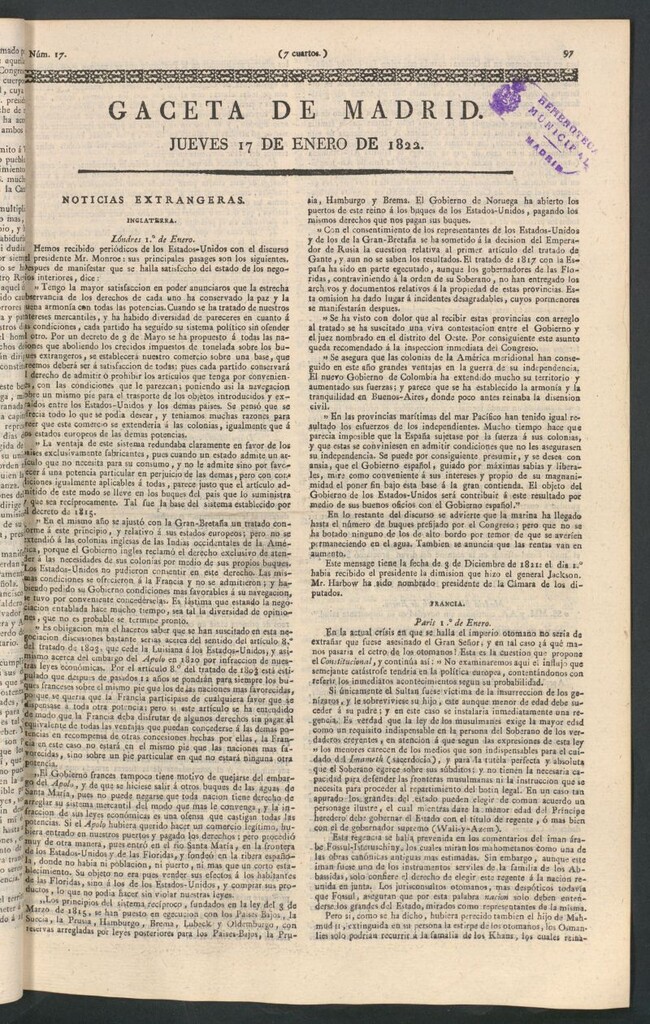 Miniatura de Gaceta de Madrid del 17 de enero de 1822