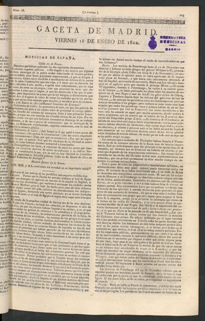 Miniatura de Gaceta de Madrid del 18 de enero de 1822