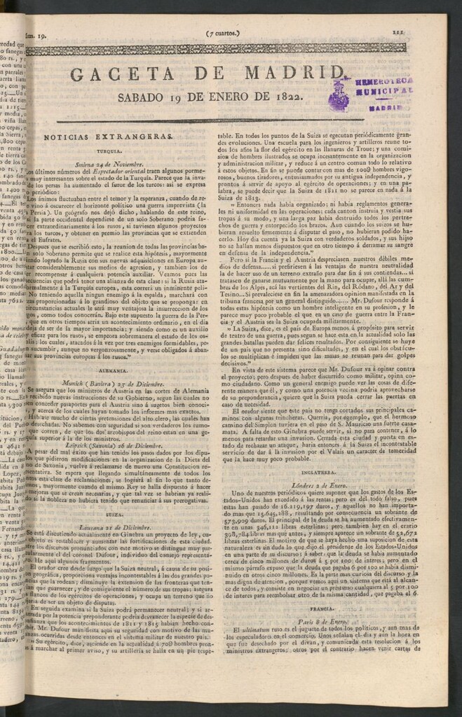Miniatura de Gaceta de Madrid del 19 de enero de 1822