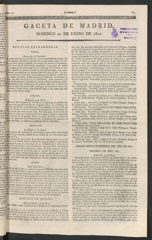 Miniatura de Gaceta de Madrid del 20 de enero de 1822