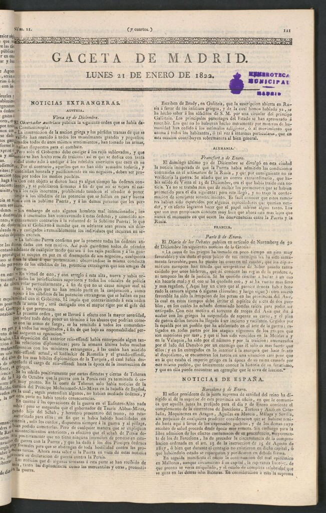 Miniatura de Gaceta de Madrid del 21 de enero de 1822