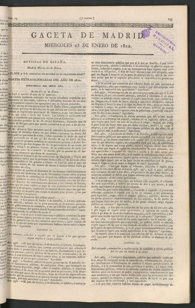 Miniatura de Gaceta de Madrid del 23 de enero de 1822