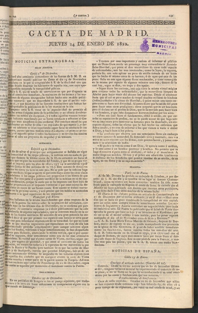 Miniatura de Gaceta de Madrid del 24 de enero de 1822