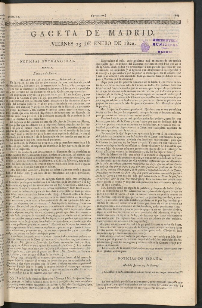 Miniatura de Gaceta de Madrid del 25 de enero de 1822