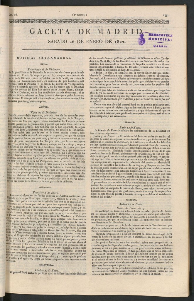 Miniatura de Gaceta de Madrid del 26 de enero de 1822
