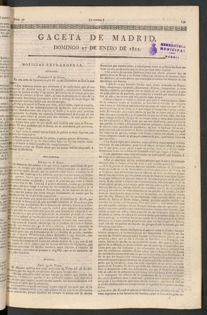 Miniatura de Gaceta de Madrid del 27 de enero de 1822