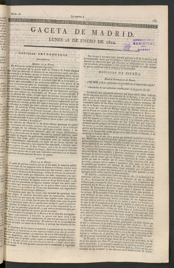 Miniatura de Gaceta de Madrid del 28 de enero de 1822