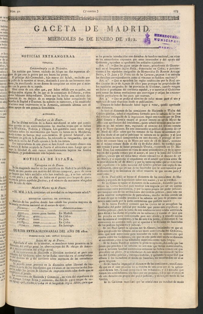 Miniatura de Gaceta de Madrid del 30 de enero de 1822