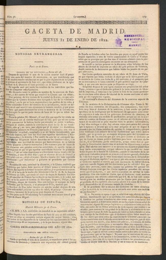 Miniatura de Gaceta de Madrid del 31 de enero de 1822