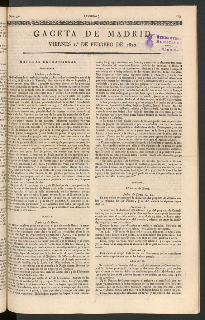 Miniatura de Gaceta de Madrid del 1 de febrero de 1822