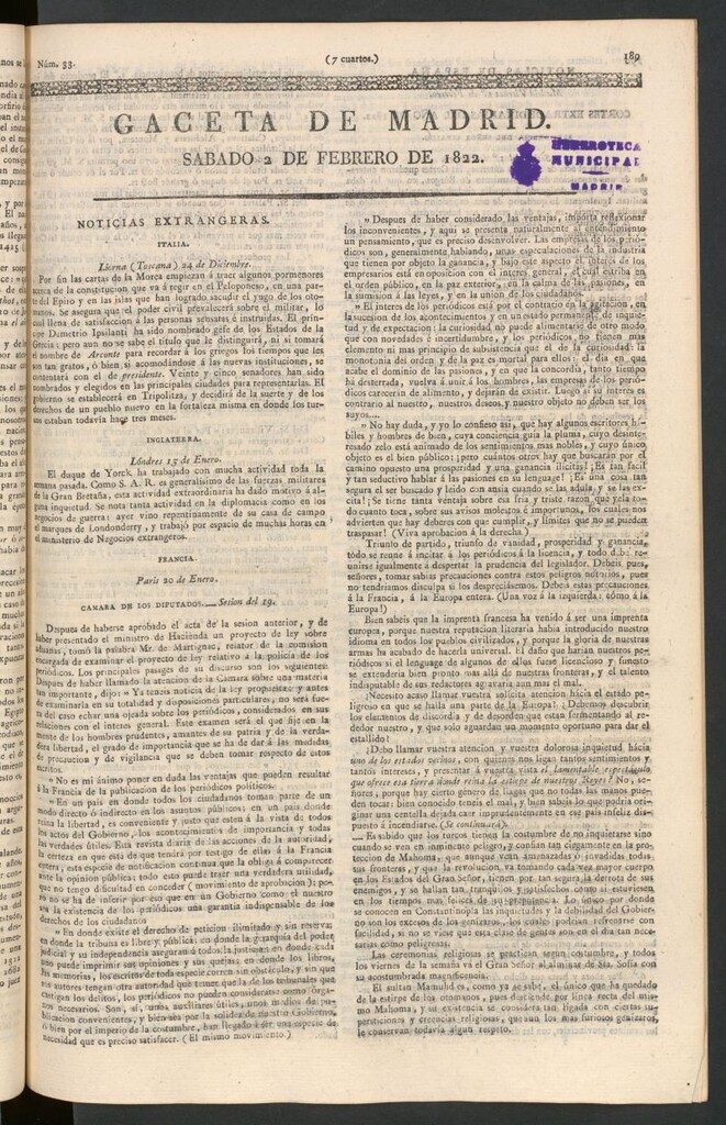 Miniatura de Gaceta de Madrid del 2 de febrero de 1822