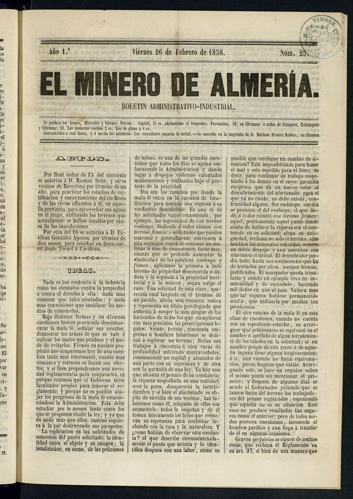 Miniatura de El Minero de Almería : boletín administrativo-industrial del 26 de febrero de 1858