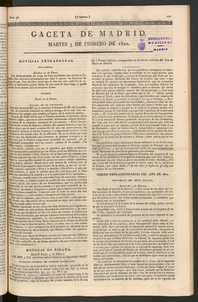 Miniatura de Gaceta de Madrid del 5 de febrero de 1822